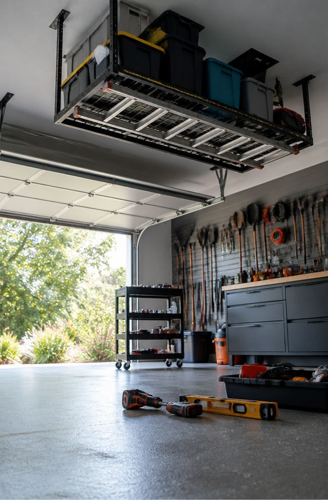 Ceiling-mounted storage racks filled with bins and seasonal items.