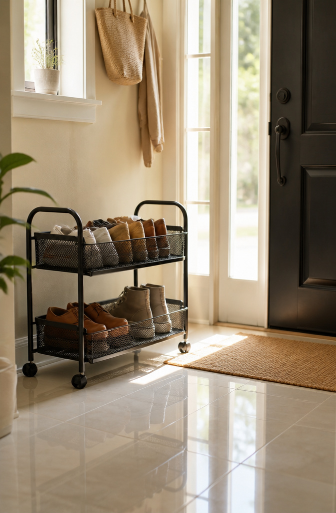 7 Shoe Rack Front Door Ideas for 2026 5 A sleek 2-tier rolling basket displaying shoes in a pastel-colored entryway.