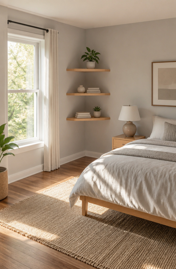 7 Bedroom Ceiling Storage Ideas for 2026: Shelves, Racks & Nets 5 Triangular shelves fitted into a corner, holding books and plants.