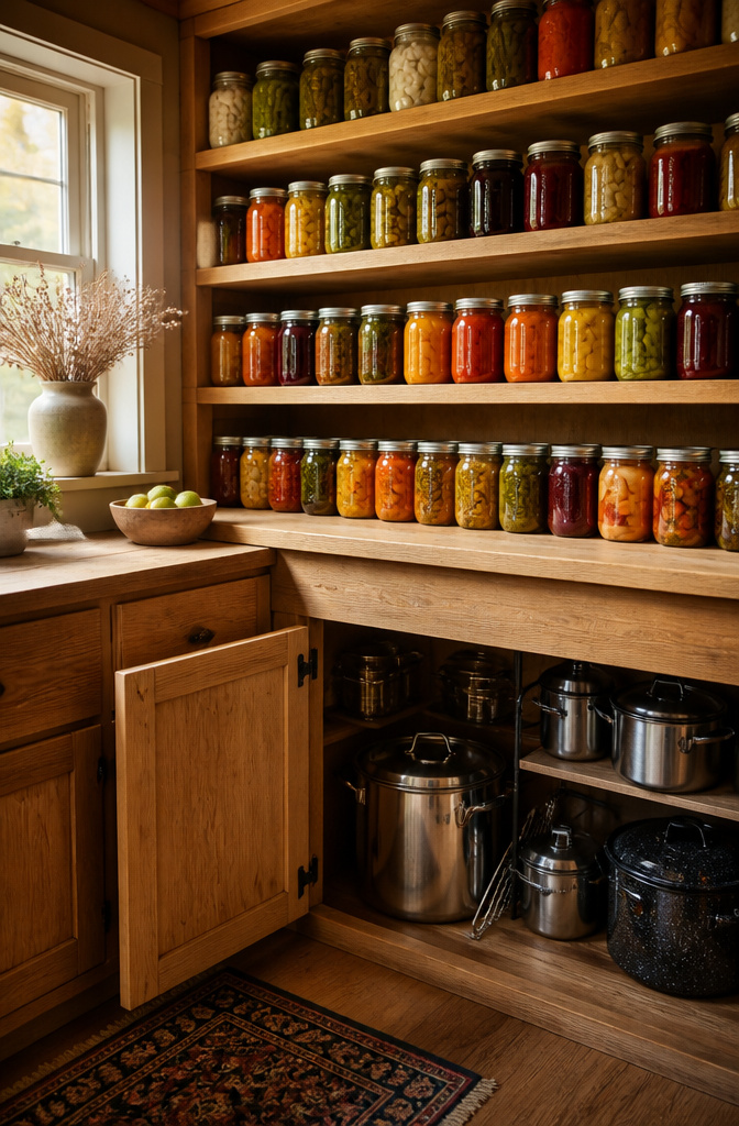 Canning Kitchen Ideas: Outdoor, Indoor and Seasonal Designs for Preserving 5 Wood shelves filled with jars of canned goods in a pantry.