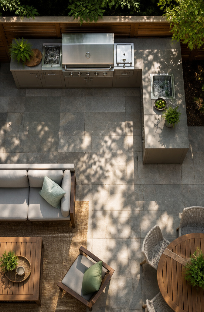 L-shaped outdoor kitchen with grill and bar seating.