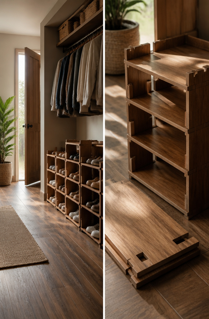 Two stackable shoe racks positioned side by side.