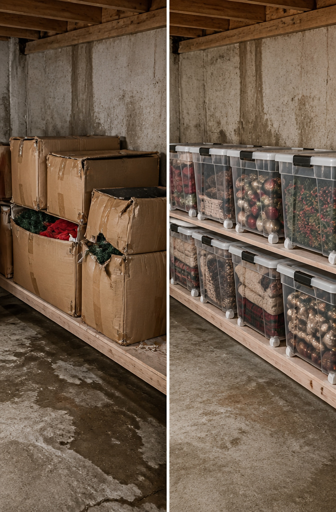 Clear weathertight storage bins stacked on a shelf in a basement.