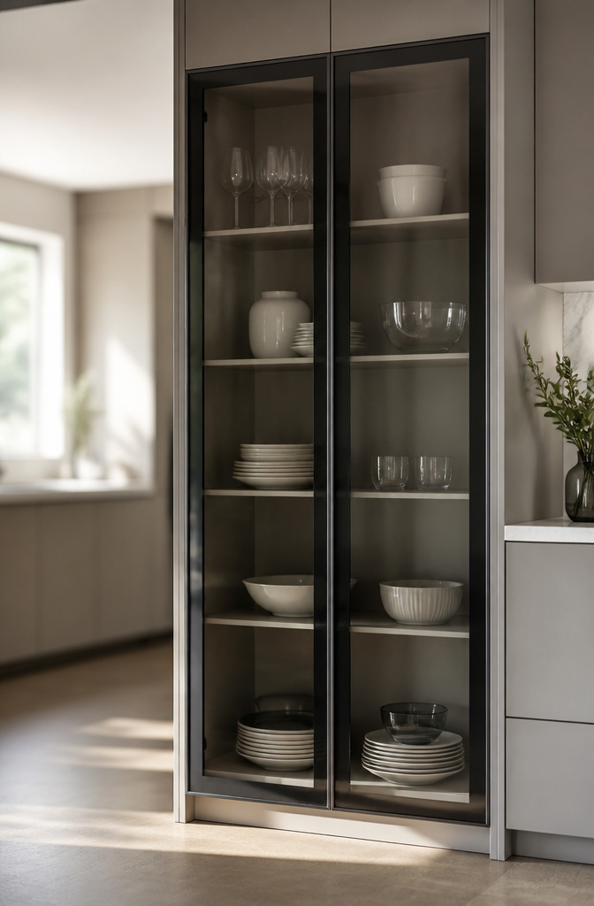 Aluminum frame cabinet door surrounding clear glass panel.