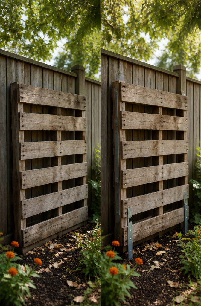 Pallet Garden Tool Storage: 7 Steps to Build an Outdoor Rack 5 A pallet mounted against a wall with nails for securing garden tools.