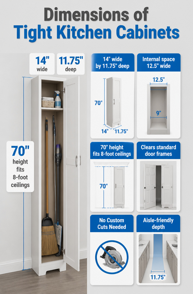 Information image showing dimensions of tight kitchen cabinets.
