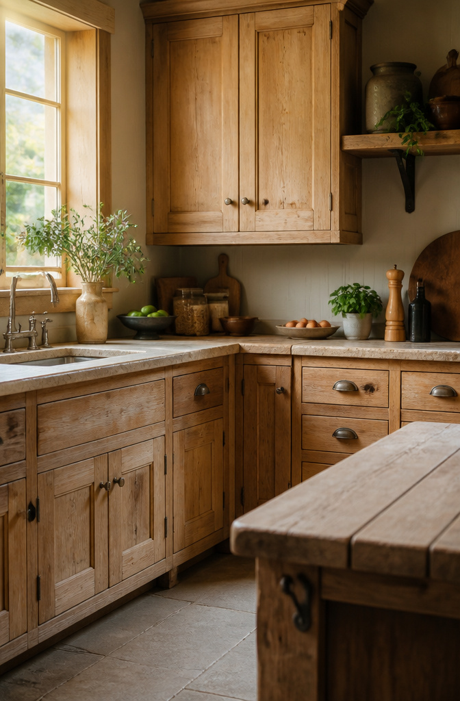 20 Country Style Kitchen Ideas for a Cozy Farmhouse Feel 6 Unfinished wood cabinets with natural grain in a kitchen.