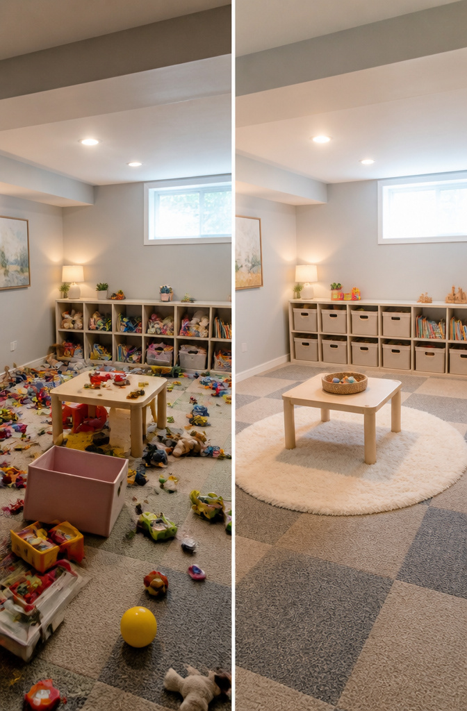 Basement Playroom Toy Storage: Built-Ins, Cubes & Multi-Functional Furniture 6 Child-safe basement with anchored furniture and outlet covers.