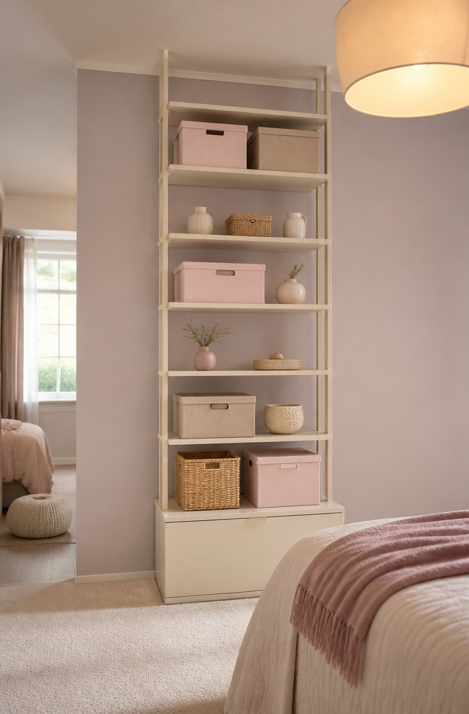 7 Bedroom Ceiling Storage Ideas for 2026: Shelves, Racks & Nets 6 Tall shelving unit reaching towards the ceiling in a bedroom.