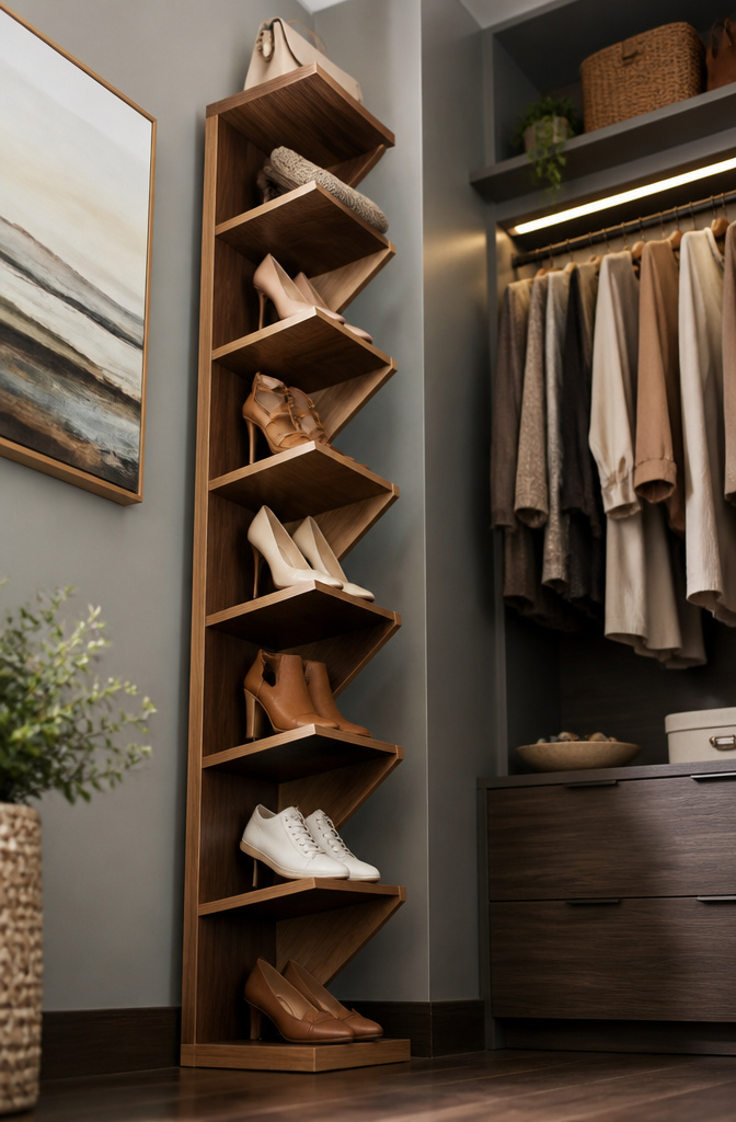 A tall shoe tower with angled shelves for easy access.