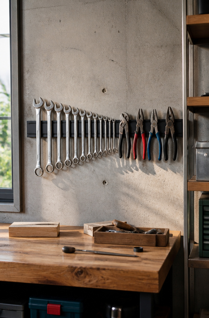 A magnetic strip mounted on a wall holding various wrenches and pliers.