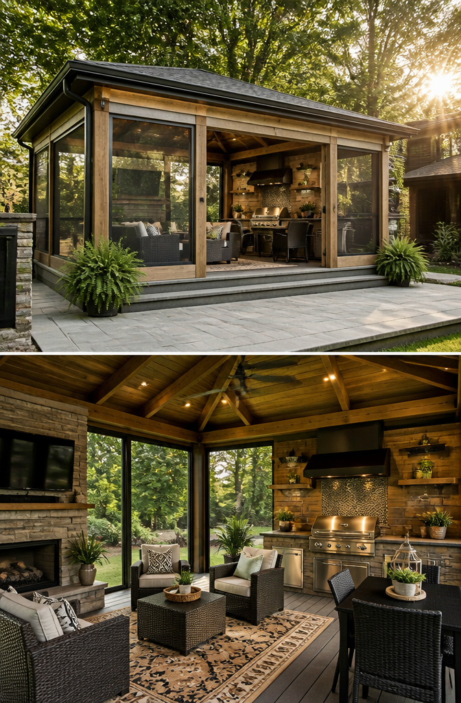 7 Outdoor Kitchen Pergola Ideas for Backyards in 2026 6 An enclosed pergola featuring retractable screens and clear vinyl panels.