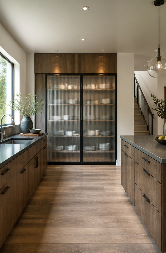 Sliding glass cabinet doors track sideways inside the frame.