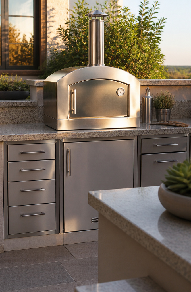 The Alfresco 30-inch built-in gas outdoor pizza oven in a stylish kitchen.