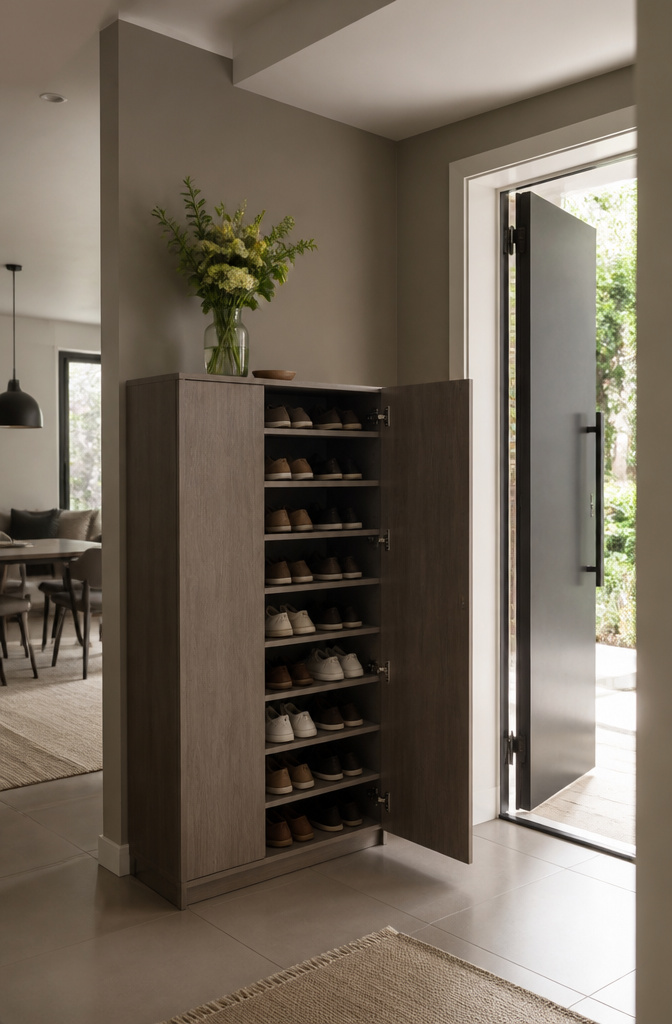 7 Shoe Rack Front Door Ideas for 2026 6 A gray oak shoe storage cabinet with an open door revealing neatly arranged shoes.