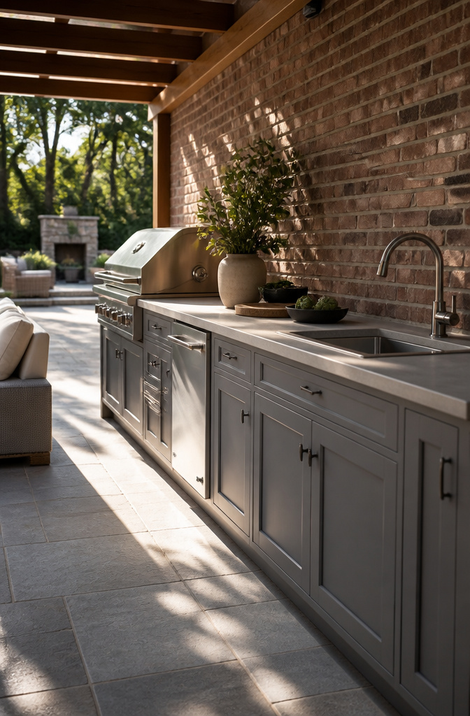 Linear outdoor kitchen with grill and cabinetry along one wall.