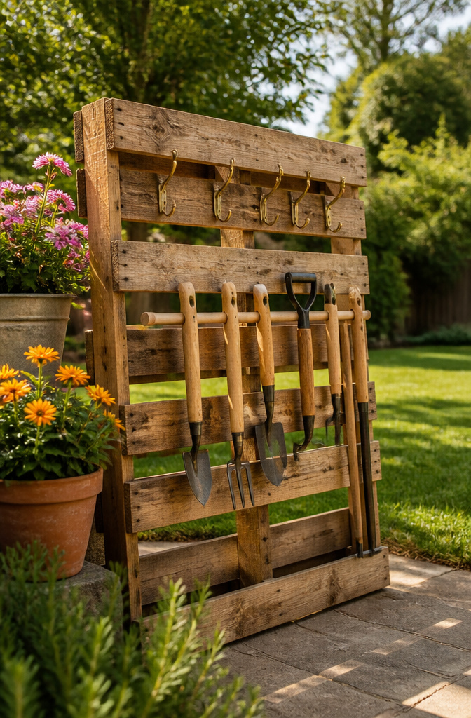 Pallet Garden Tool Storage: 7 Steps to Build an Outdoor Rack 6 A pallet with hooks and dowels for organizing smaller gardening tools.