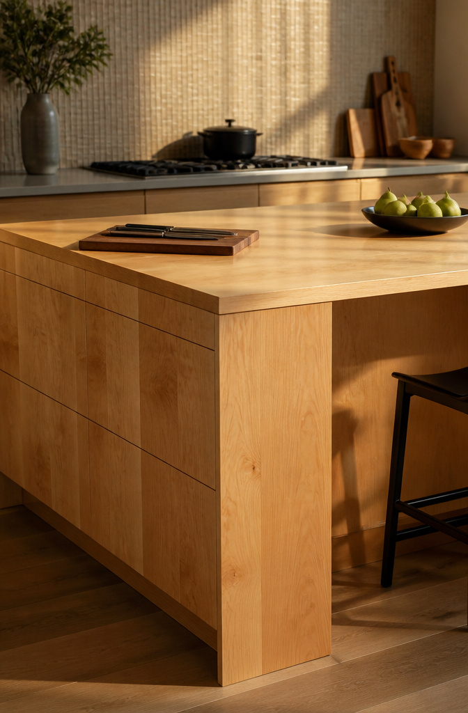 A kitchen with a maple island and textured wall tile.