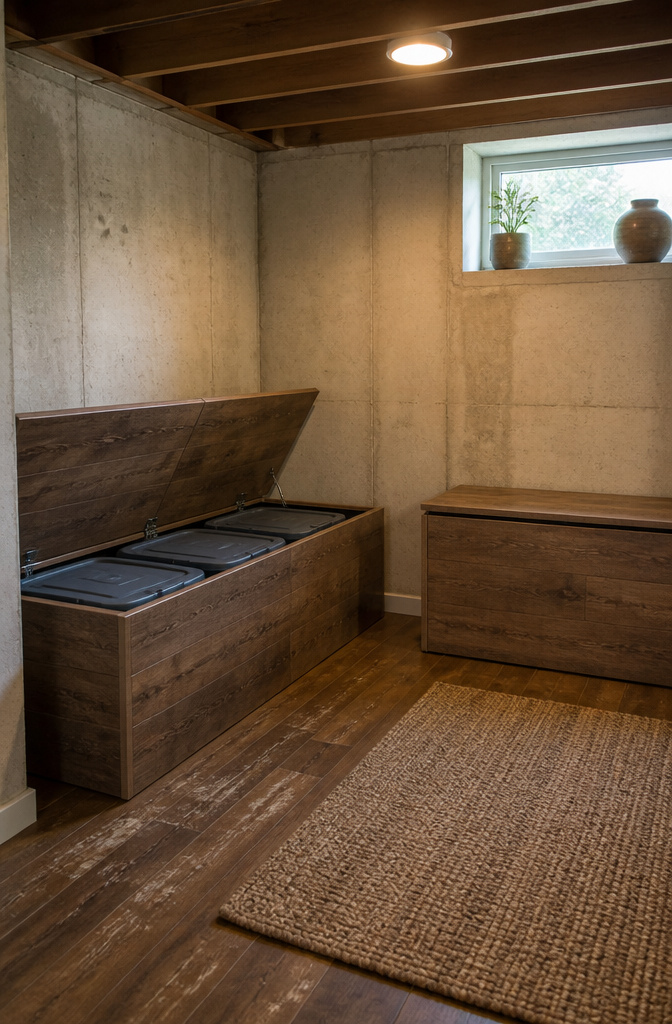A bench with a hinged lid concealing storage in a basement corner.