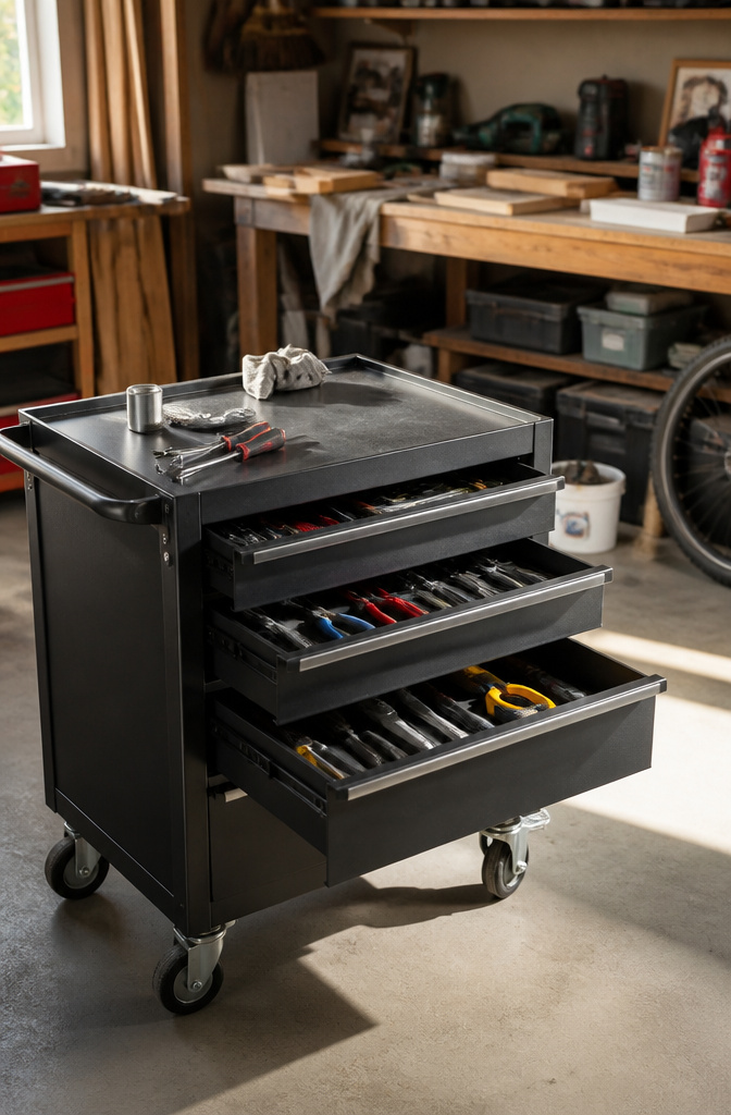A rolling cart with open drawers containing various hand tools.