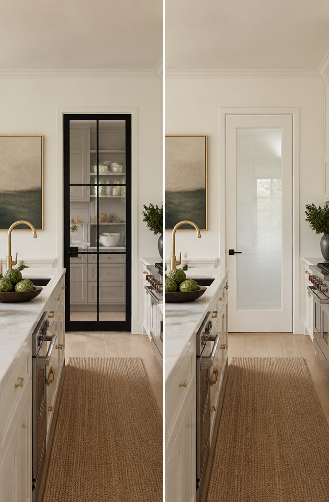 Kitchen with glass cabinet doors that visually expand the space.
