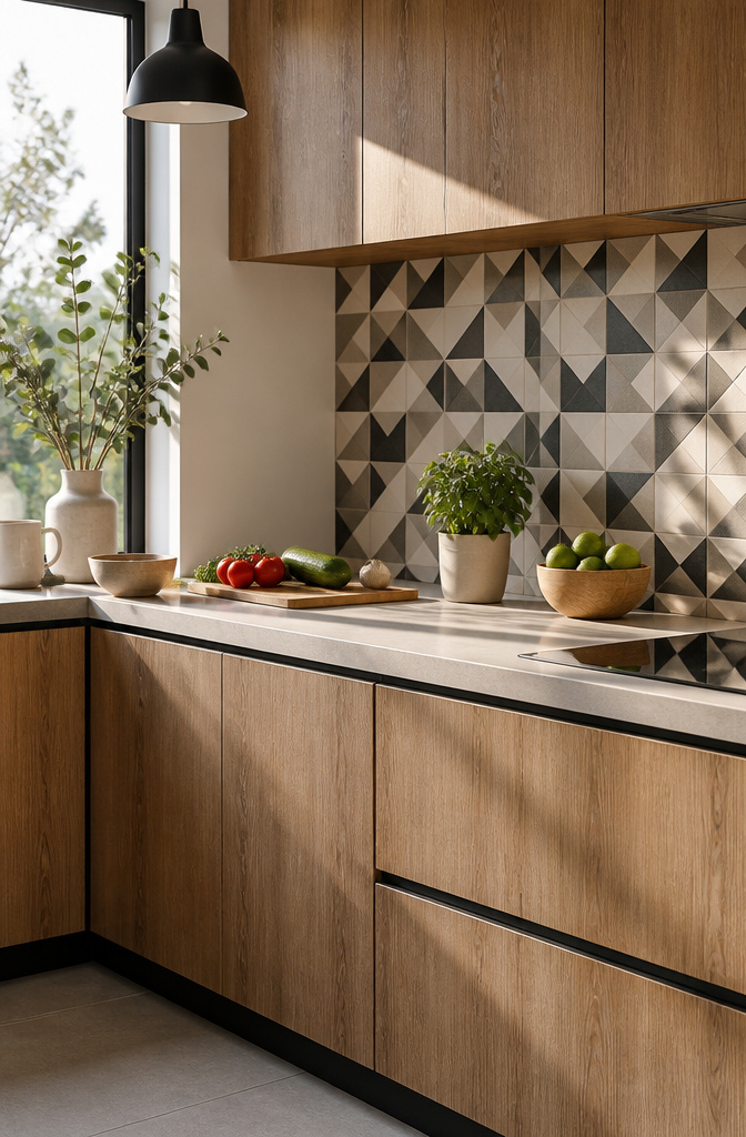 A modern kitchen with laminate cabinetry and geometric tile backsplash.