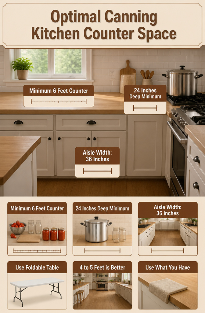 Canning Kitchen Ideas: Outdoor, Indoor and Seasonal Designs for Preserving 7 A canning kitchen layout emphasizing counter space and aisle width.