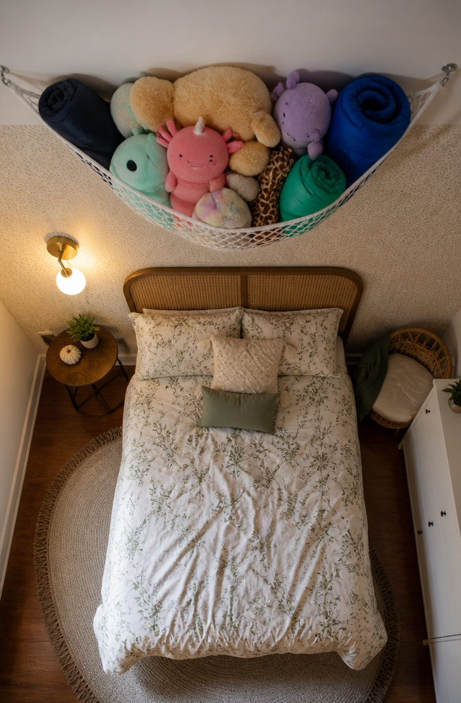 7 Bedroom Ceiling Storage Ideas for 2026: Shelves, Racks & Nets 7 Netting attached to the ceiling, holding various lightweight items.
