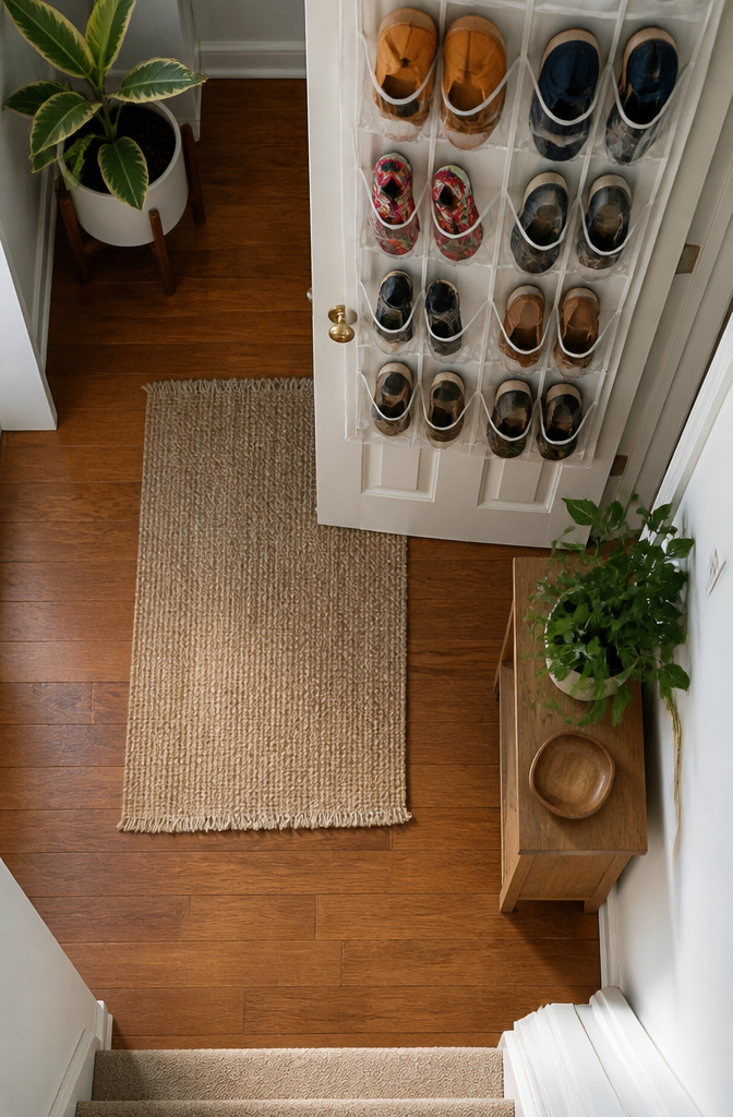 7 Shoe Rack Front Door Ideas for 2026 7 A shoe organizer hanging on a closet door with multiple pockets for shoes.