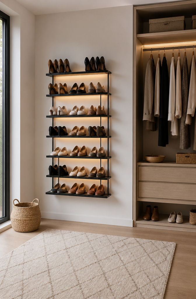 A wall-mounted shoe rack holding pairs of shoes.