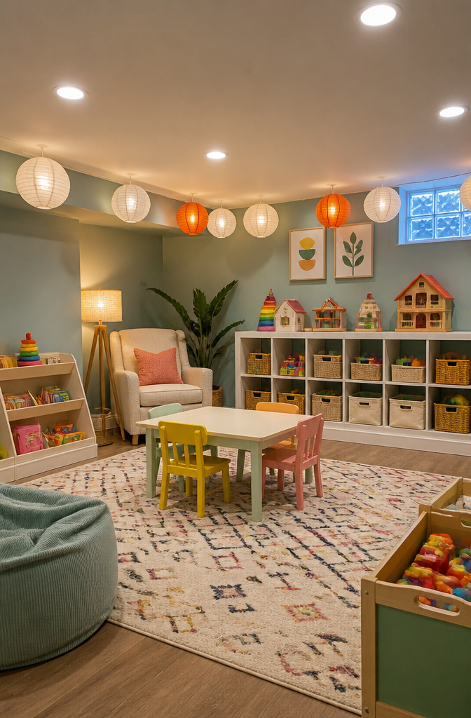 Basement Playroom Toy Storage: Built-Ins, Cubes & Multi-Functional Furniture 7 Well-lit basement playroom with colorful walls and furniture.