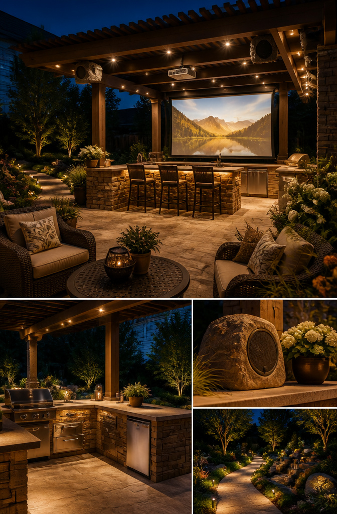 7 Outdoor Kitchen Pergola Ideas for Backyards in 2026 7 A pergola with lighting, speakers, and a projector screen for entertainment.