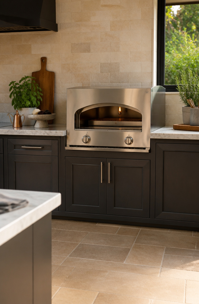 The Delta Heat 30-inch gas pizza oven installed in a modern outdoor kitchen.