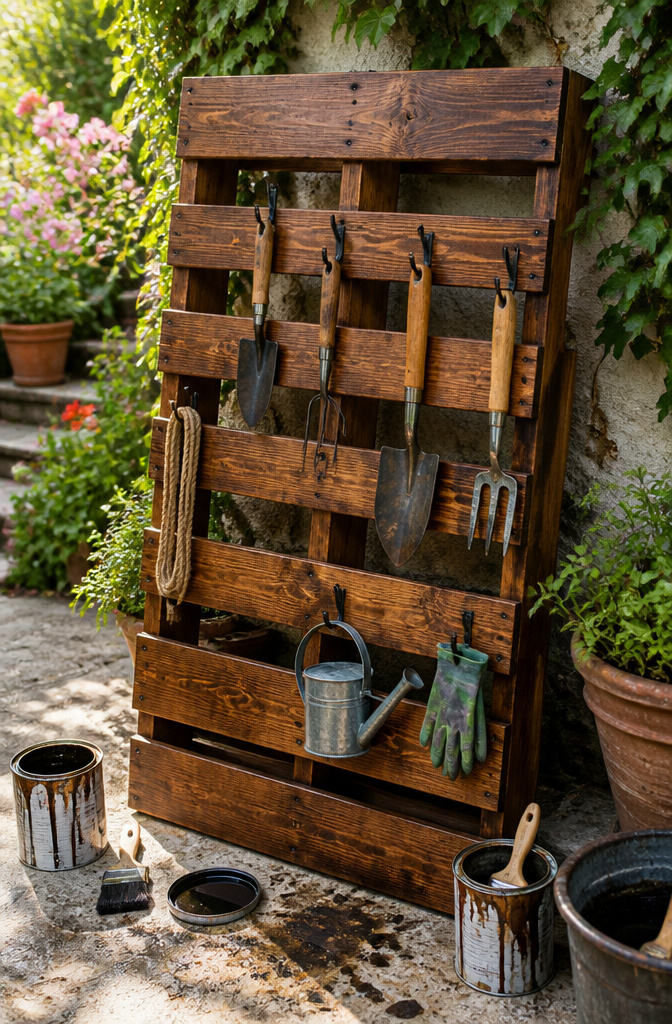 Pallet Garden Tool Storage: 7 Steps to Build an Outdoor Rack 7 A stained pallet against a shed, showcasing a weatherproofing finish.