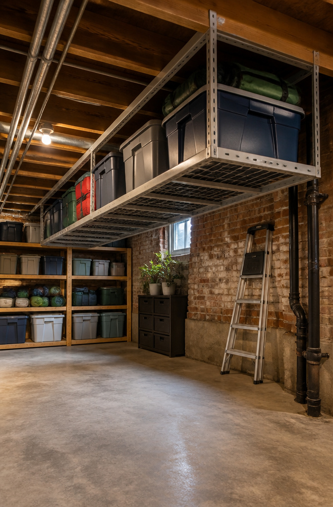 A ceiling-mounted storage rack holding various bins in a basement.