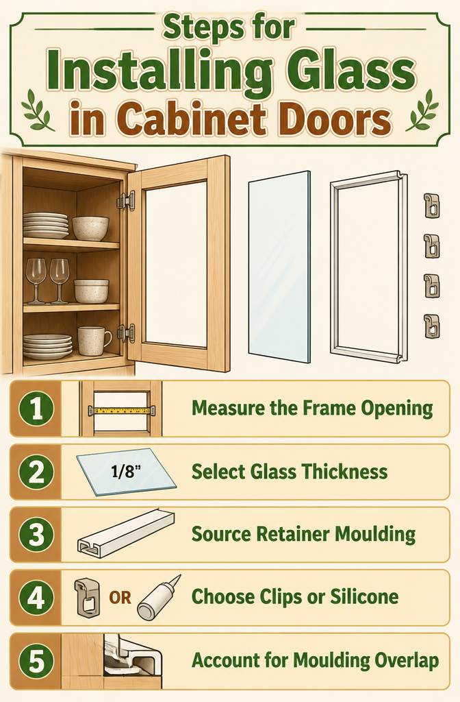 Guide for measuring and installing glass in cabinet doors.