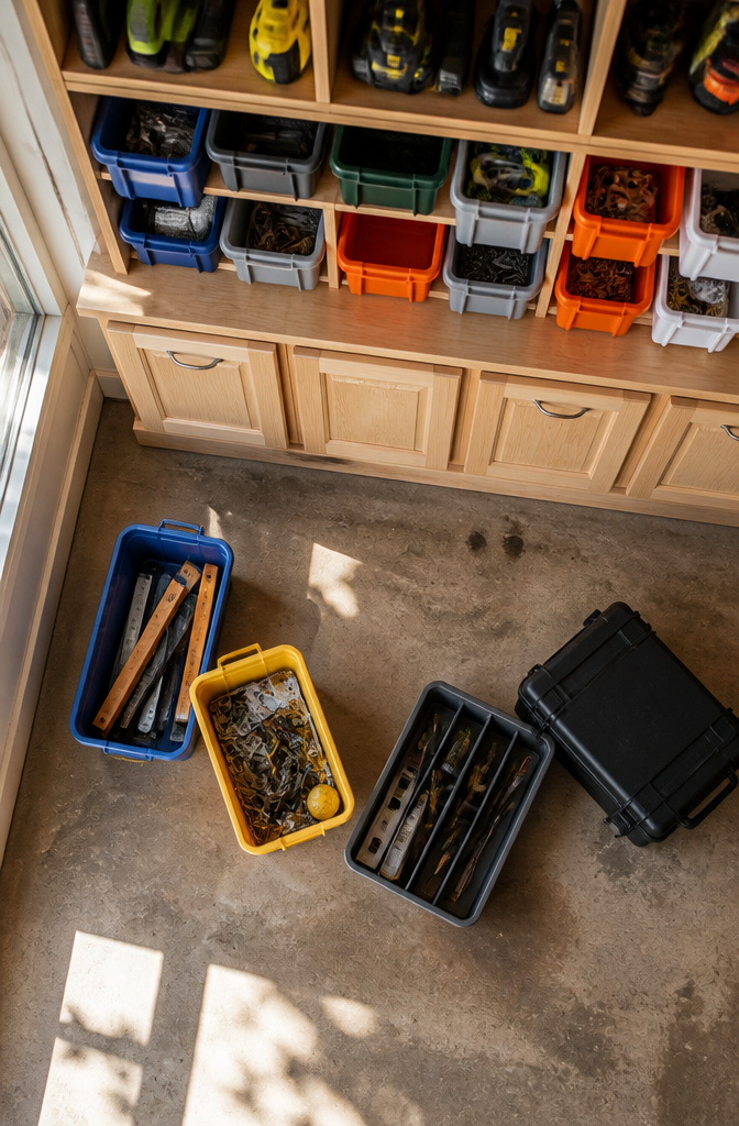 Bins with labels organized for easy identification of tools.