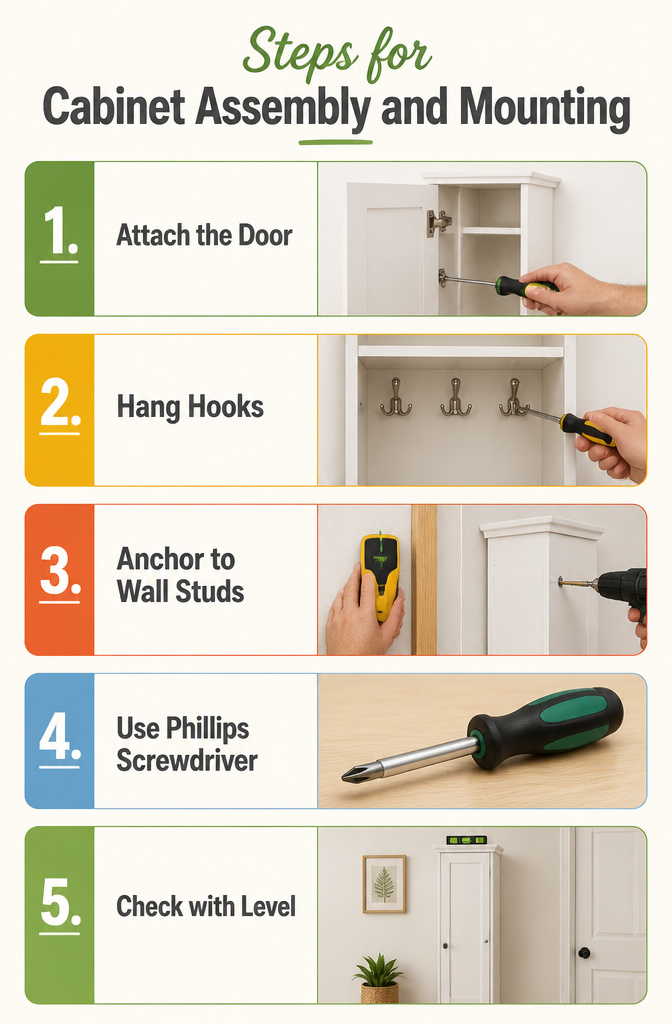 Steps for cabinet assembly and mounting displayed clearly.