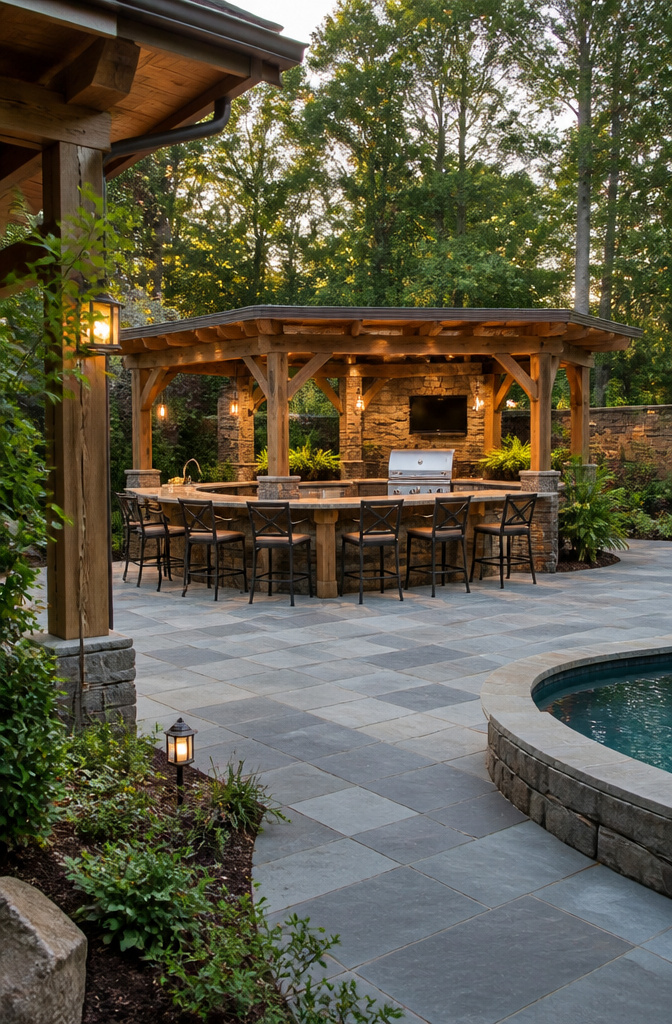 Island outdoor kitchen with seating around a central cooking area.