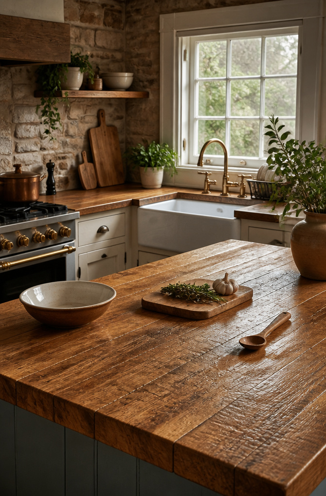 20 Country Style Kitchen Ideas for a Cozy Farmhouse Feel 8 A butcher block countertop with visible knife marks in a kitchen.