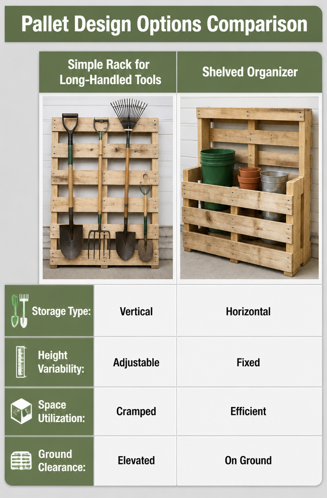Pallet Garden Tool Storage: 7 Steps to Build an Outdoor Rack 8 A comparison image of different pallet design options for tool storage.