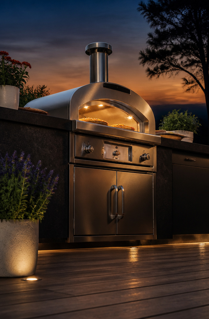 The Hestan Campania 33-inch gas outdoor pizza oven with an internal light.