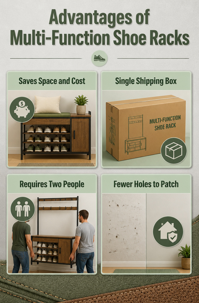 7 Shoe Rack Front Door Ideas for 2026 8 A visual representation of benefits of multi-function shoe racks in an entryway.