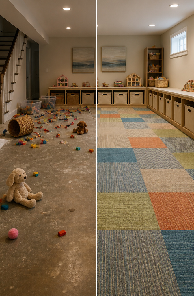 Basement Playroom Toy Storage: Built-Ins, Cubes & Multi-Functional Furniture 8 Carpet tiles installed on the basement floor for playroom comfort.