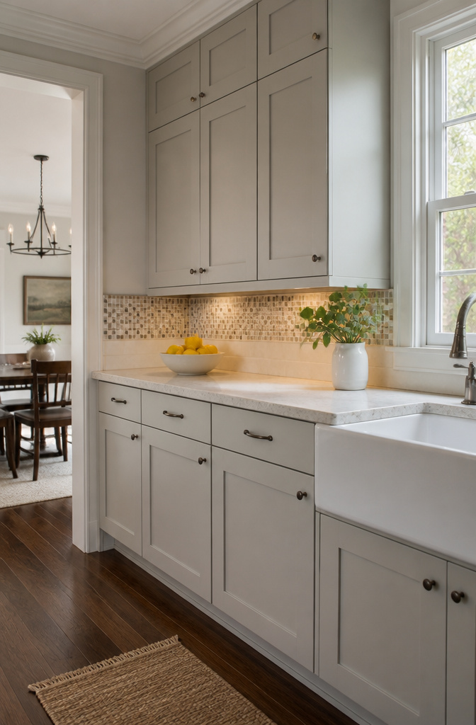 A kitchen with painted Shaker cabinets and a mosaic tile accent.