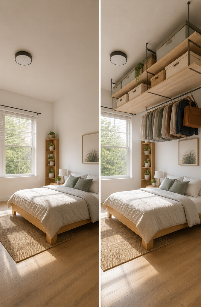 7 Bedroom Ceiling Storage Ideas for 2026: Shelves, Racks & Nets 8 Illustration of how ceiling storage maintains visual space in a bedroom.