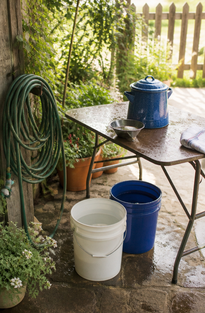 Canning Kitchen Ideas: Outdoor, Indoor and Seasonal Designs for Preserving 8 A garden hose and table set up for outdoor canning cleanup.