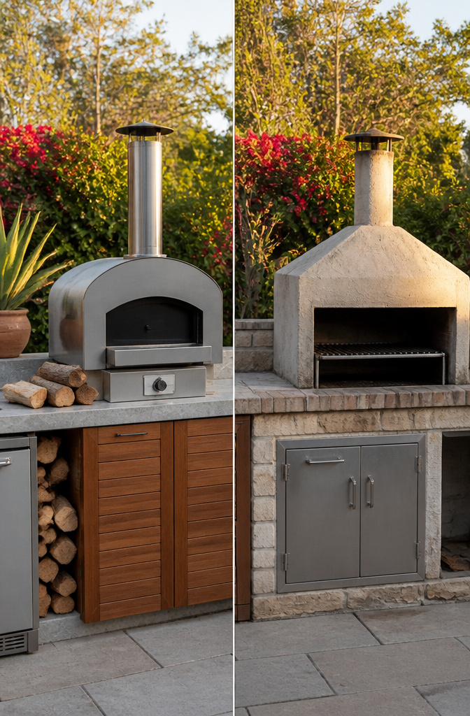 The Summerset hybrid gas and wood pizza oven set up for outdoor cooking.