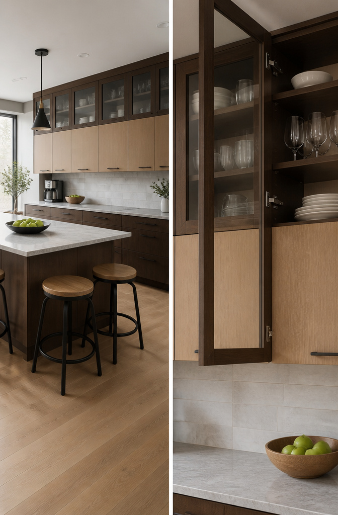 Kitchen featuring a combination of glass and solid cabinet doors.