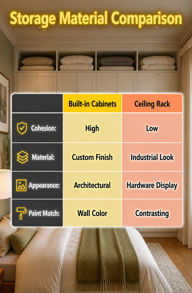 7 Bedroom Ceiling Storage Ideas for 2026: Shelves, Racks & Nets 9 Comparison of storage materials that complement a bedroom's design.
